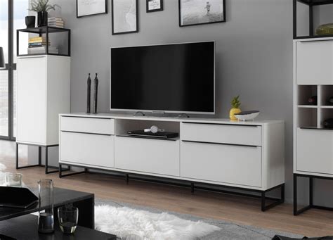 Meuble TV design blanc laqué mat 215 cm pour salon