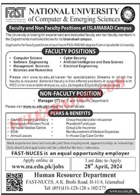 FAST University Islamabad Campus Jobs 2024 for Teaching Faculty ...