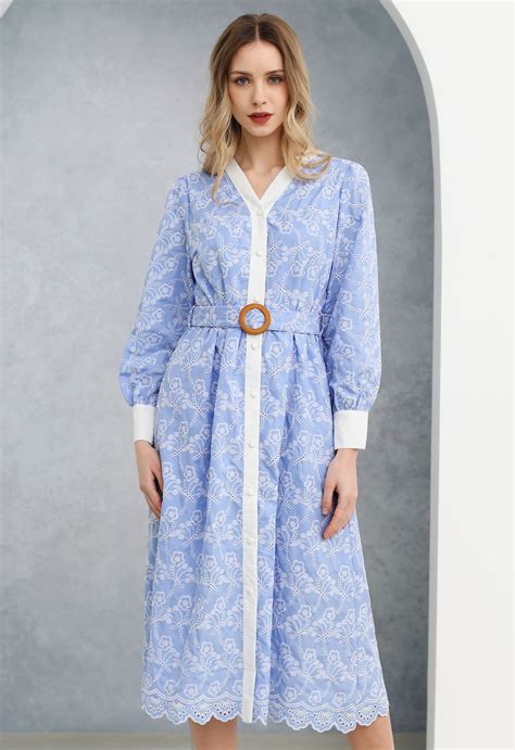 Dancing Floret Embroidered Button Down Dress in Baby Blue - Retro ...