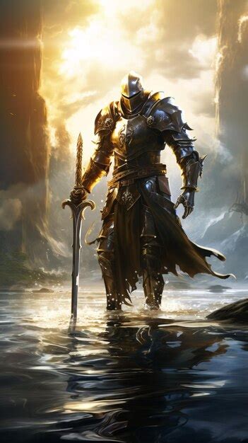 Premium Ai Image A Knight With Shiny Armour Walking Through Water Sun