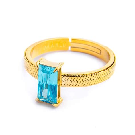 Anello Marlù 31AN0003GAM pvd oro cristallo baguette azzurro