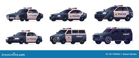 Collection Of Police Cars Of Various Types City Urban Police Car Van