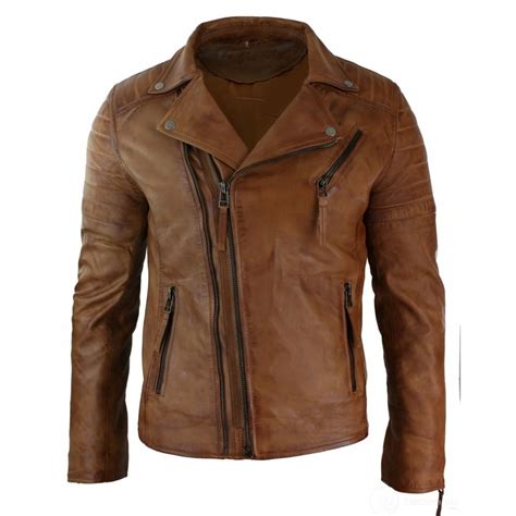 Real Leather Slim Fit Cross Zip Mens Retro Vintage Brando Jacket Vintage Biker Tan Buy Online