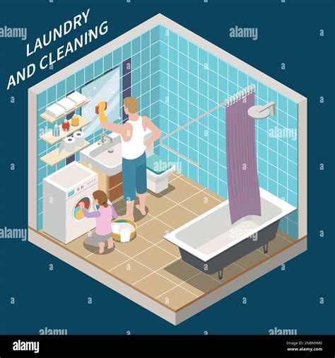 Laundry And Cleaning Isometric Composition With Daughter Helping To