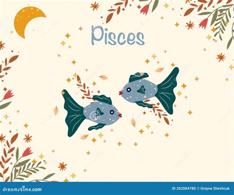 Pisces Zodiac Sign Cute Banner With Pisces Stars Flowers And Leaves