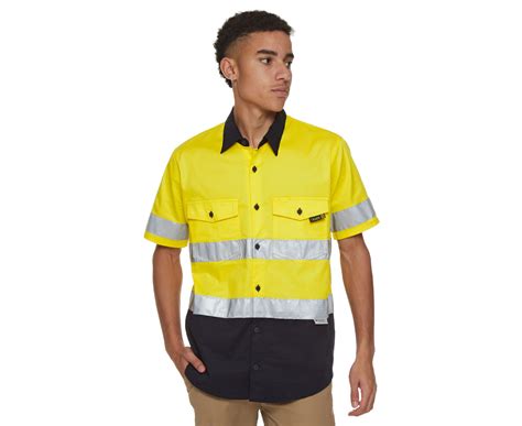 Tradie Men's Flex Hi-Vis Short Sleeve Work Shirt w/ 3M Tape - Navy/Hi ...