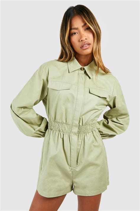 Utility Long Sleeved Playsuit Boohoo Uk