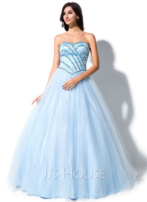 Ball Gown Sweetheart Floor Length Tulle Prom Dresses With Beading