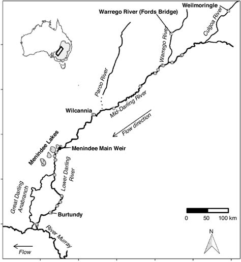 Map showing the mid-and lower reaches of the Darling River, the Paroo ...