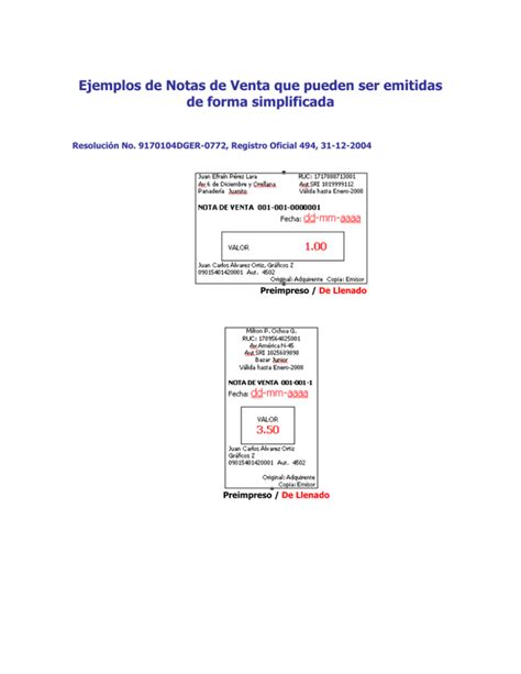 Ejemplos De Notas De Venta Que Pueden Ser Emitidas De Forma