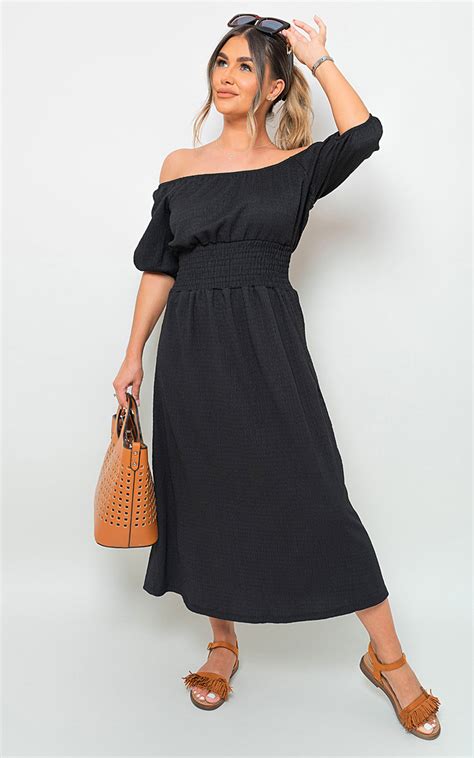 Isabelle Off Shoulder Shirred Waist Mini Dress In Black Ikrush