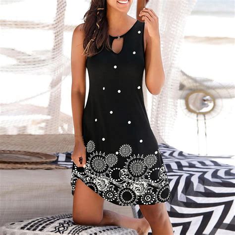 Sksloeg Summer Dresses For Women 2024 Trendy Boho Floral Print Cover Up Crew Neck Sleeveless