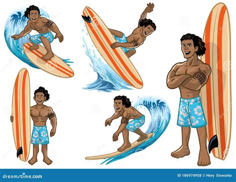 Set Cartoon Hawaiian Man Surfer Vector Illustration