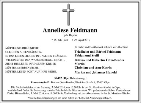 Traueranzeigen Von Anneliese Feldmann Trauer In Nrw De