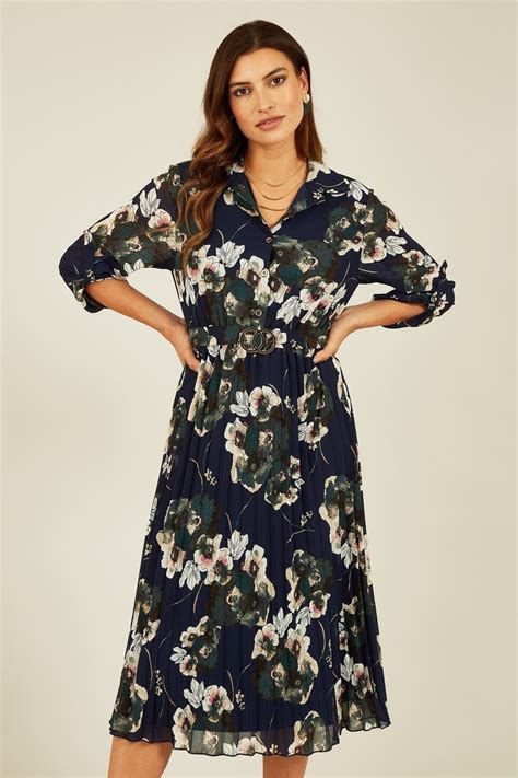 Mela Navy Floral Print Gold Buckle Midi Dress Mela