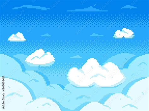 Pixel art sky. Clouds 8-bit skyline, retro video game cloud landscape and cloudy vector ...