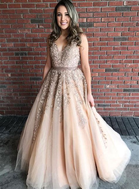 Stylish Champagne V Neck Tulle Lace Long Prom Dress Formal Dress On