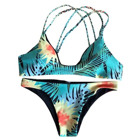 Women Female Sunflower Printed Split Bikini Set Padded Bra Swimsuit