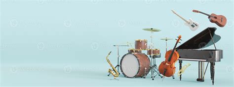 Different musical instruments on blue background. Banner with copy ...