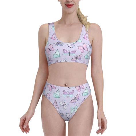 Lukts Women High Waisted Bikini Set Purple Butterfly Swimsuit Piece