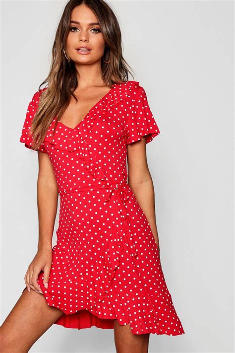 Polka Dot Wrap Front Ruffle Tea Dress Boohoo Uk