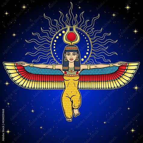 Animation Color Portrait Sitting Winged Goddess Isis With Horns In