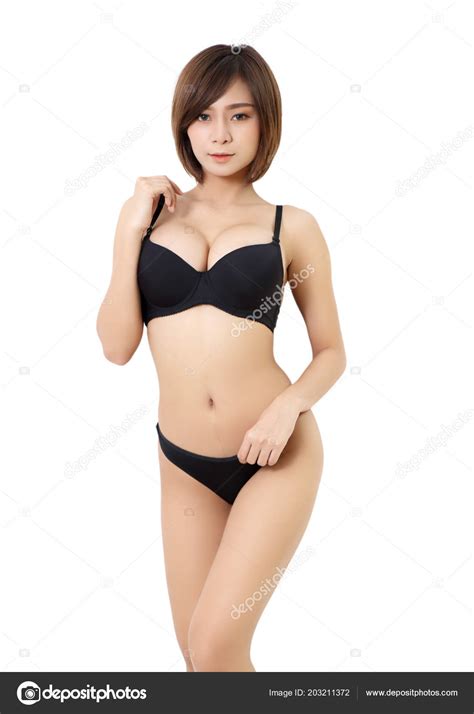 Beautiful Asian Woman Black Bikini Studio White Background Stock Photo