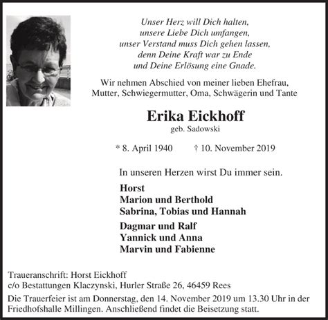 Traueranzeigen Von Erika Eickhoff Trauer In NRW De