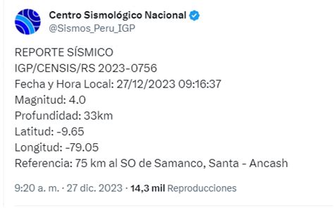 Temblor En Per Hoy Mi Rcoles De Diciembre D Nde Fue El Epicentro