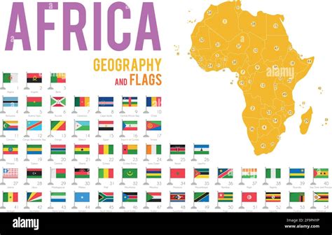 Set Of 54 Flags Of Africa Isolated On White Background And Map Of