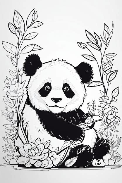 Um Urso Panda Fundo Preto E Branco Flores E A Foto De Um Panda