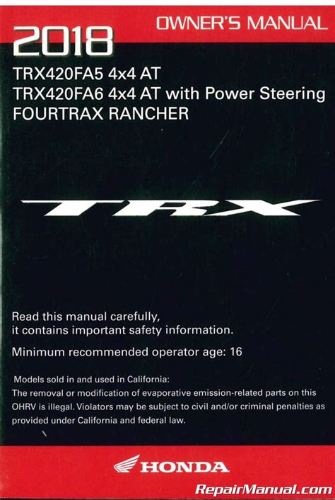 Honda TRX 420 Owners Manual 2010 TRX420FM FPM FourTrax Rancher