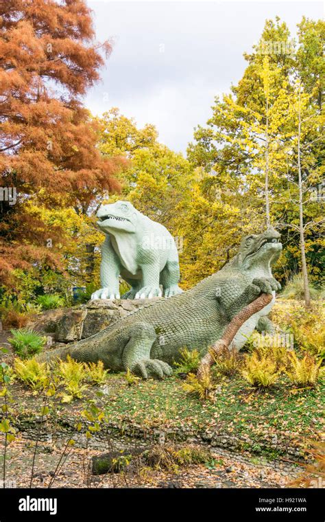 Crystal Palace dinosaurs, Iguanodons. Historic England announced in February 2020 the dinosaurs ...