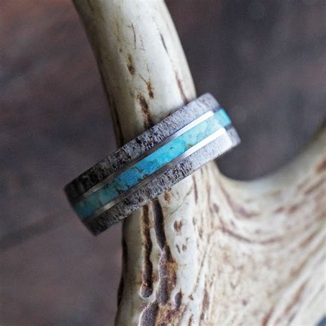 Turquoise Mens Wedding Band With Wood And Antler 2267 In 2021