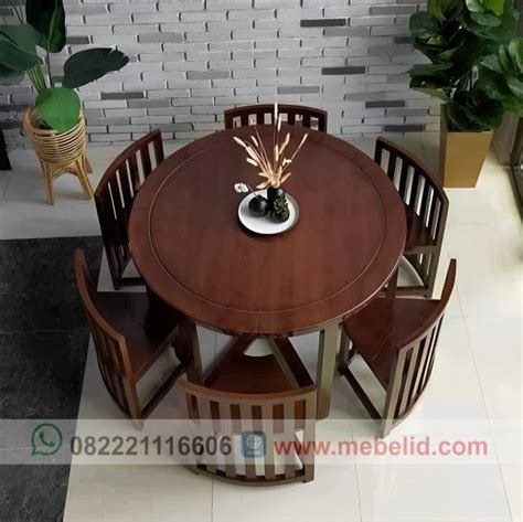 Meja Makan Bundar Minimalis Set 6 Kursi Bahan Kayu Jati Berkualitas