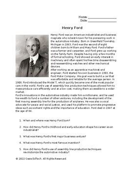 Henry Ford Q A Worksheet By Oasis EdTech TPT