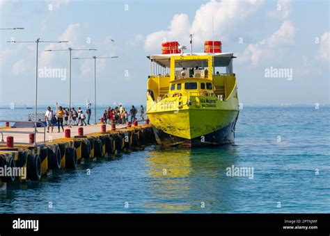 Ultramar Ferry Boat Arriving At Isla Mujeres Caribbean Coast Cancun