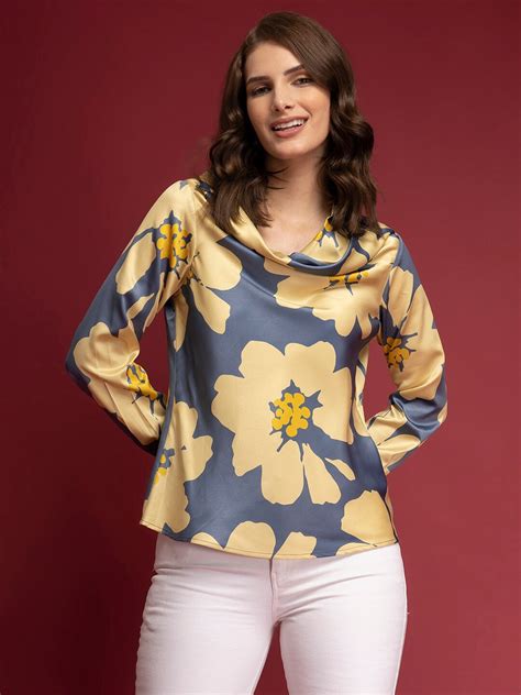 Buy Fablestreet Floral Print Cowl Neck Satin Top Tops For Women