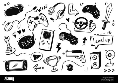 Video Game Hand Drawn Doodle Set Video Gamer Console Joystick