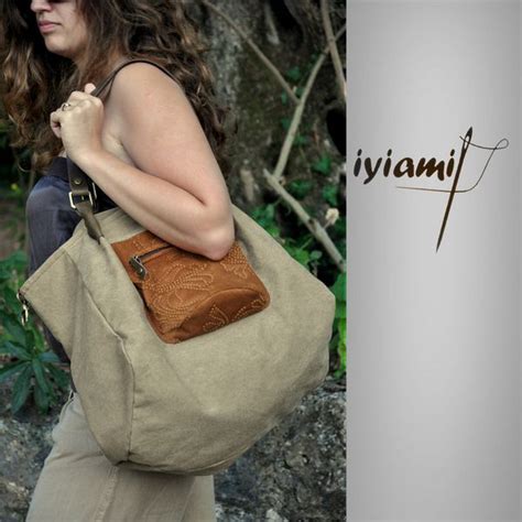 Shopping Bag In Canvas Leather Gina In Light Brown From Iyiami Leather