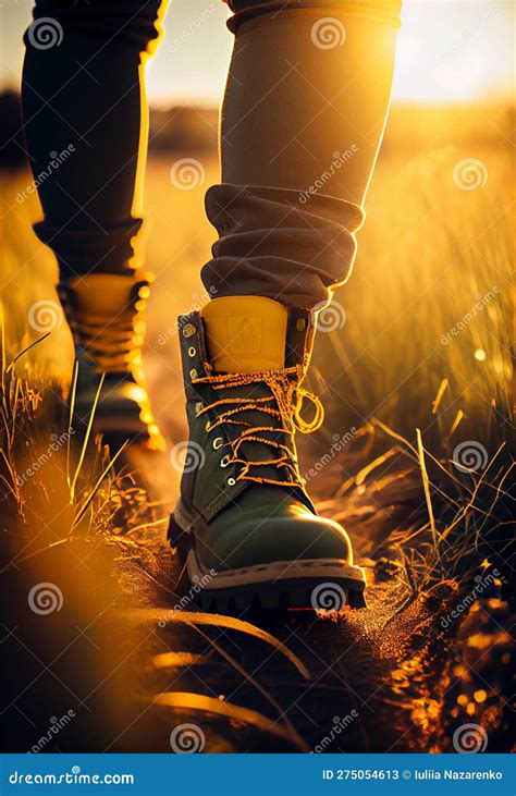 Feet In Farm Boots Walk Across A Plowed Field At Sunset Ai Generated Stock Illustration