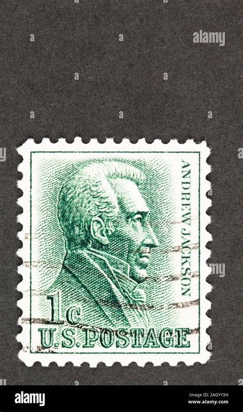 Green 1 cent USA postage featuring the 7th President Andrew Jackson, a regular definitive issue ...