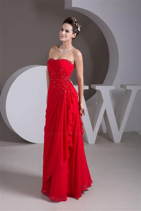 A Line Strapless Beaded Long Red Chiffon Prom Evening Dresses Ed