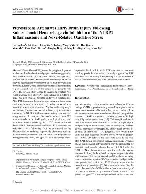 Pterostilbene Attenuates Early Brain Injury Following Subarachnoid