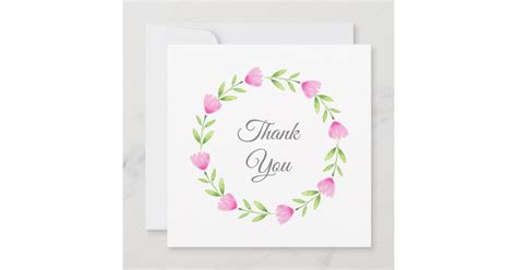 Pink Watercolor Flower Stem Wreath Thank You Card Zazzle