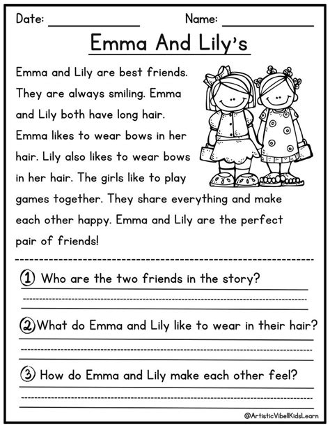 Reading Comprehension Printable Kindergarten First Grade Worksheets