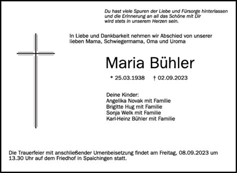 Traueranzeigen von Maria Bühler schwaebische de Trauerportal