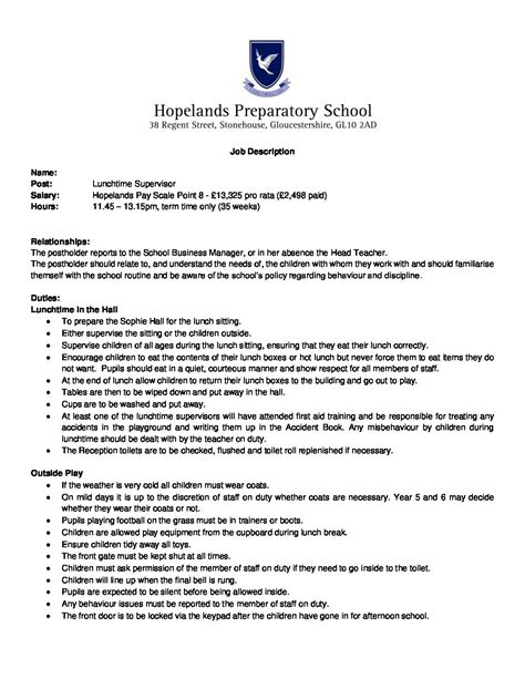 Job Description Lunchtime Supervisor Nov 2022 Hopelands Preparatory