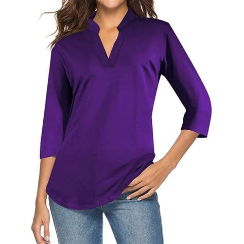 Hubery Women Solid Color V Neck 3 4 Sleeve Top