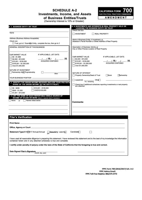 Fillable Schedule A 2 Form 700 California Investments Income And